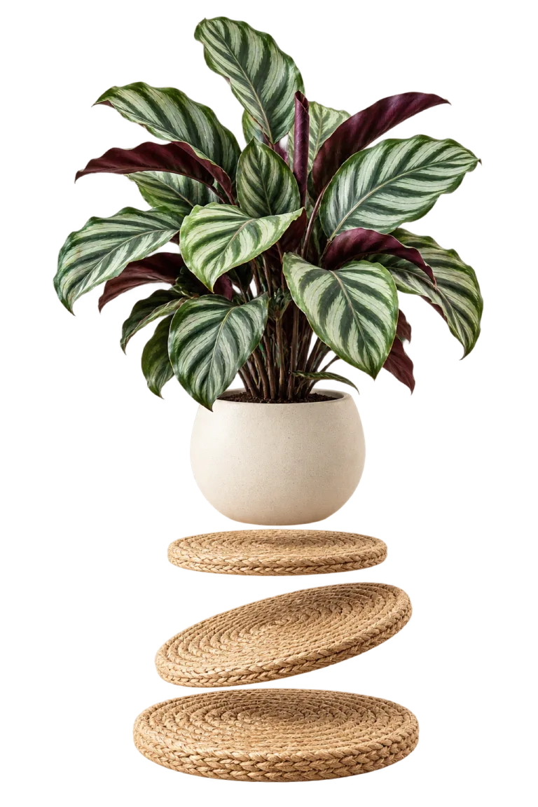 Calathea in an ivory planter floating above woven natural fiber discs